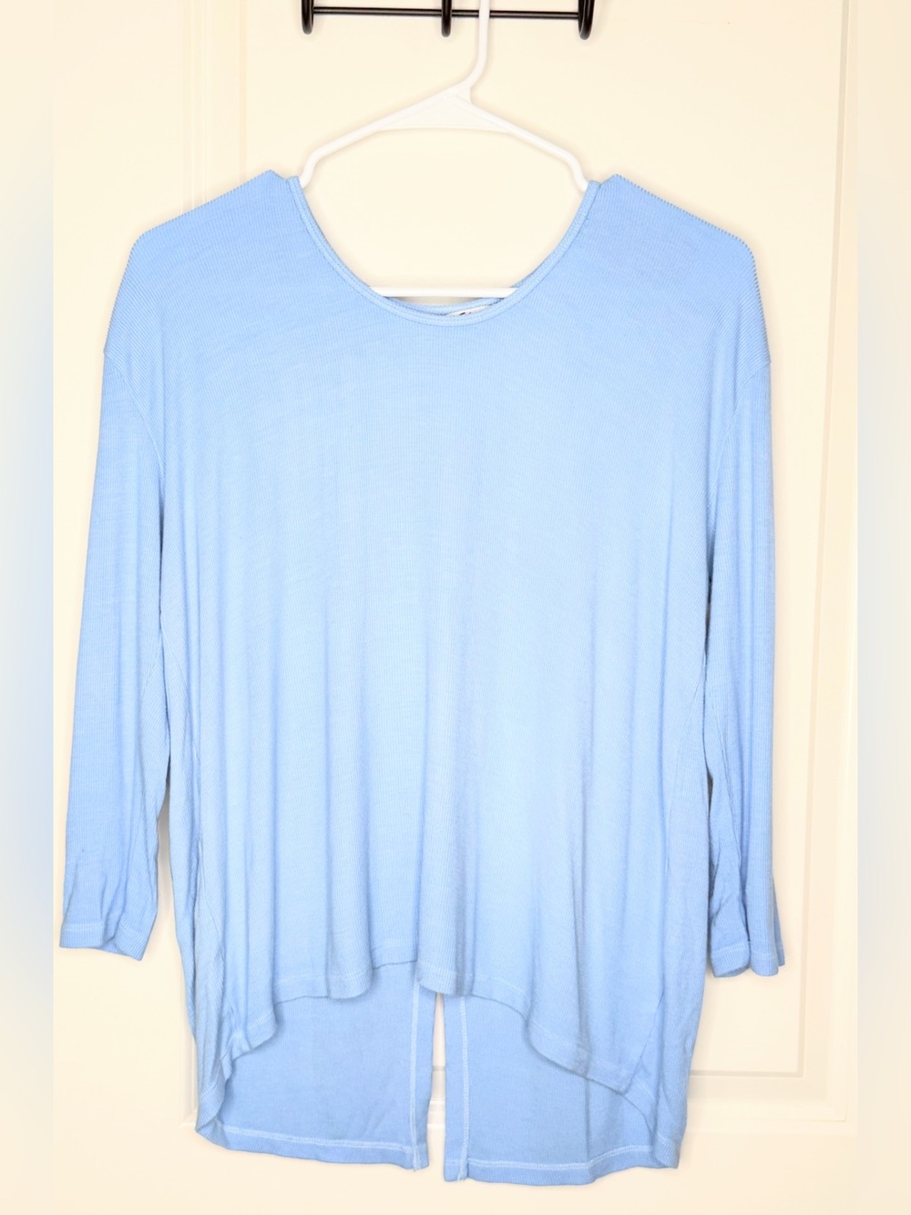 Michael Stars O/S Blue Ribbed Top Hi Low Split Back Long Sleeve Oversized